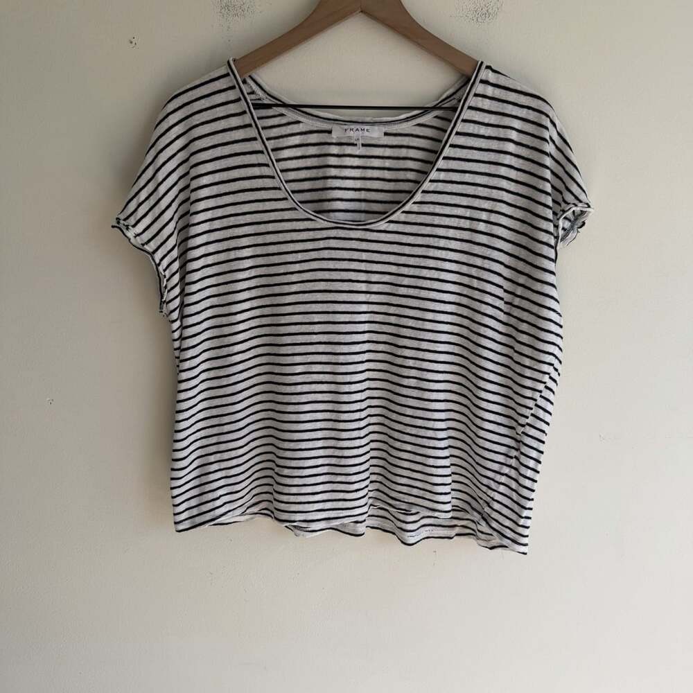 Frame 100% Organic Linen White Black Stripe Boxy Shirt Size L Coastal Casual Tee